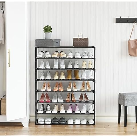 TY ARTS & CULTURE 8-Tiers Shoe Rack Organizer, Sturdy Metal Pipes & Durable Non-Woven Fabric, Space Saving Tall Shoe Rack Hold 32-45 Pairs, Shoe Rack for Entryway (Black) Cover