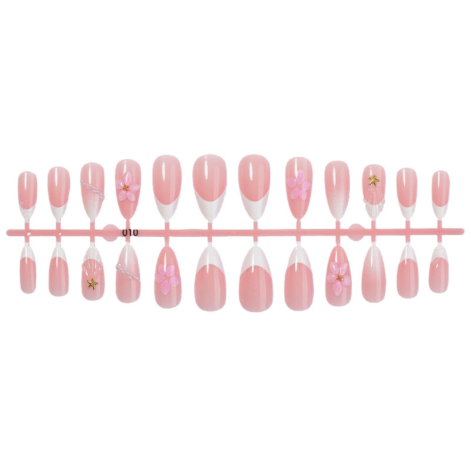 fexxkg 3D Flower French Tip Set, Pink Gradient False Tips with Pearl Accent and Sea Charm, 24-Piece ABS Set f