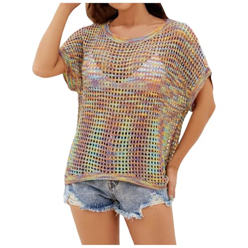 YOSUWOAI Top de ganchillo para mujer para el verano de punto para la playa, traje de baño, parte superior de manga corta, camiseta de ganchillo, estilo bohemio, hippie, hollow out, jersey de punto