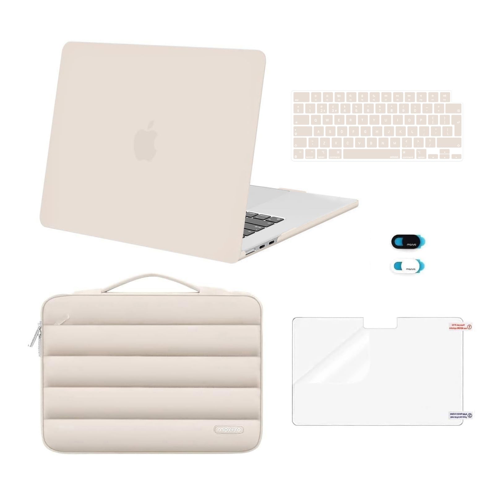 MOSISO Kompatibel mit MacBook Air 15 Zoll Hülle M5 M4 M3 M2 2026 2025-2023, Hartschale Hülle&Puffy Laptoptasche&Tastaturschutz&Webcam Abdeckung&Displayschutz A3448 A3241 A3114 A2941, Sand