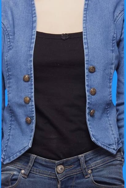 Image of Wingzss Women's Denim Jacket, Blue, Button Front, 3 /4 Sleeves, Casual Blazer Style (in, Alpha, XL)