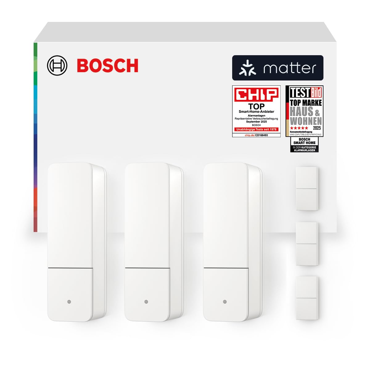 Bosch Smart Home Tür-/Fensterkontakt II [+M], smarter Sensor zum energieeffizienten Heizen, flexible Nutzung im Bosch Smart Home System oder herstellerübergreifend in Matter Systemen, 3er-Set