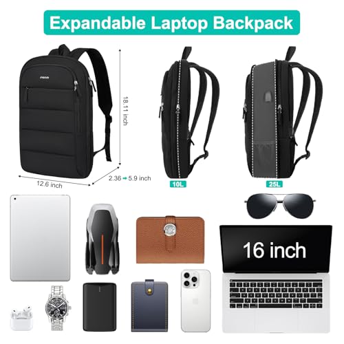 MOSISO 15-15.6 inch Laptop Backpack, Puffy Travel Backpack for Women, Quilted Casual Daypack, 16 inch Expandable Carry on Computer Bookbag with USB Port for College Work Business, Black2