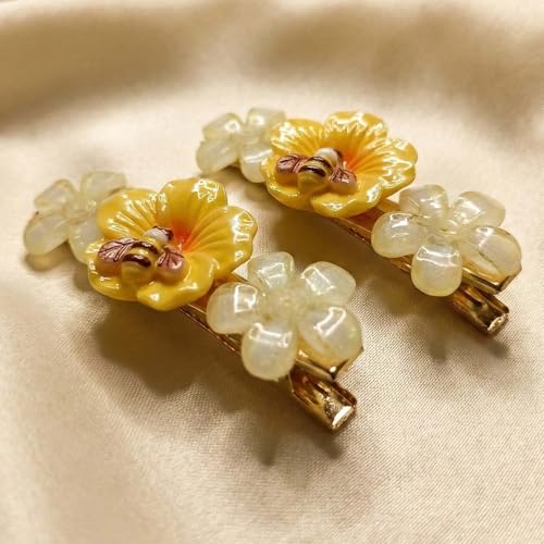 Image of Alvero Premium Acrylic Flower Hair Pin with Bee Design, Floral Designer Hair Clips for Women & Girls, Lightweight, Strong Grip Side Pin, Decorative Hair Accessory for Wedding & Party (Pack of 2 Piece) (Cream)