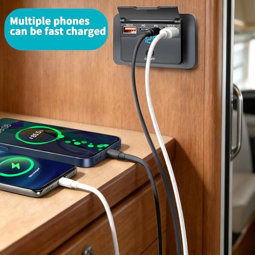 SRunDe USB Steckdose 12v Wohnmobil Einbau 4 Port 76W mit Schalter Dual 36W PD & Dual 18W QC3.0 Aufputz Autoladegerät Schnellladegerät USB Einbausteckdose Wohnmobil für Wohnwagen Autos LKW Bus Marine