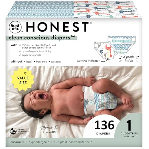 Image of The Honest Company Clean Conscious Diapers | Plant-Based, Sustainable | Dots & Dashes + Multi-Colored Giraffes | Super Club Box, Size 1 (8-14 lbs), 136 Count