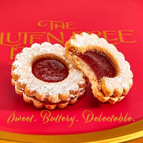 Image of Gluten Free Palace Cookie Gift Basket, Shortbread Linzer Tin (21 Cookies) | Gourmet gluten free shortbread Linzer tart cookies. Elegant red tin gift for Mom, wife, women & family.
