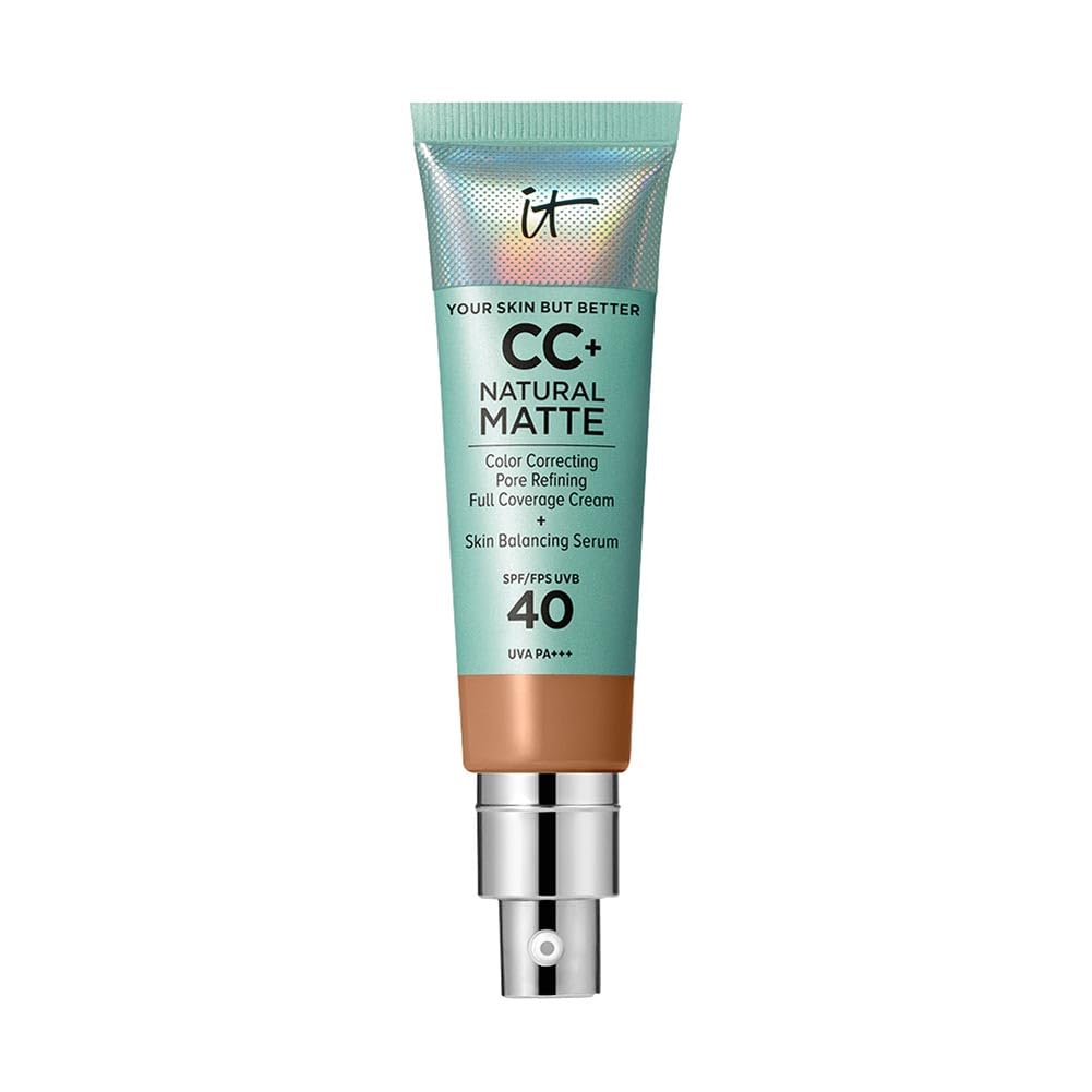 IT Cosmetics Full Coverage Foundation, Natural Matte, Made with Hyaluronic Acid, SPF 40 Protection, Your Skin But Better CC+