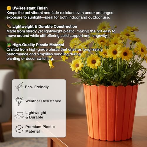 Image of GARDENS NEED 10 Inches Thai Round Flower Pot | Set of 2 | Orange | Plastic Planter Pots for Indoor & Outdoor Home, Office & Balcony Decoration