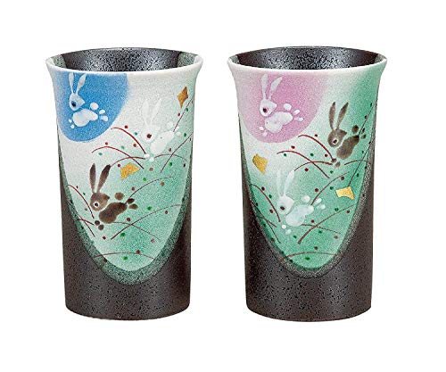 Japanse Kutani keramische Yunomi-drinkbeker, paar van 2 kopjes met traditioneel ontwerp, springende konijnen K4-1092