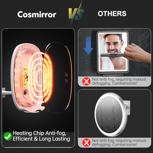 Image of Heated Shower Mirror Fogless for Shaving, 5000mAh Rechargeable Lighted Shaving Mirror 3 Color Dimming Lights Anti-Fog Shower Mirror with Light 360Rotation Fog Free Shower Shaving Mirror for Men