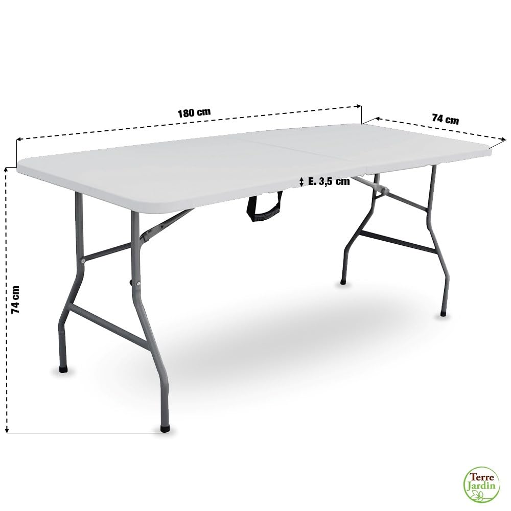 TERRE JARDIN - Table Pliante, 8 Places 180 x 74 x 74 cm,175 kg Max - Table Pliante Exterieur, Interieur Rectangulaire - Table de Jardin Pliante Blanche, Buffet, Fêtes, Camping - Stable et Robuste