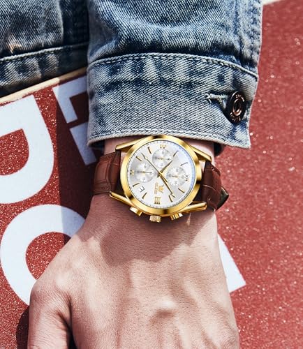 Image of OLEVS Watches for Men Original Analog Quartz Stylish Brown Leather Luxury Business Chronograph Waterproof Date Mens Wrist Watch
