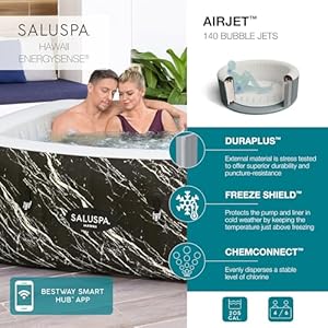 Bestway SaluSpa 71" x 71" x 26"/1.80m x 1.80m x 66cm Hawaii Smart Luxe EnergySense AirJet 6 Black Marble Inflatable Hot Tub Spa
