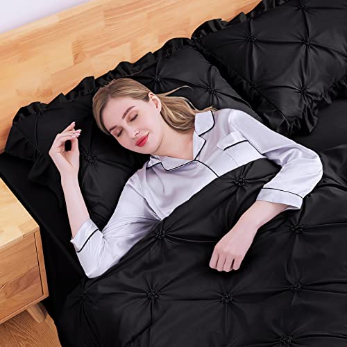 JOLLYVOGUE Black Cal King Size Comforter Sets 7 Pieces, Pintuck Bed in a Bag Comforter Set for Bedroom, Bedding Comforter Sets with Comforter, Sheets,Ruffled Shams & Pillowcases