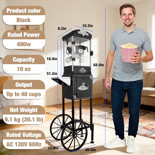 Image of 10oz Popcorn Machine with Cart - Vintage Movie Theater Style Maker - Shatterproof Acrylic and Storage Cabinet for Home Parties, Concessions - Black