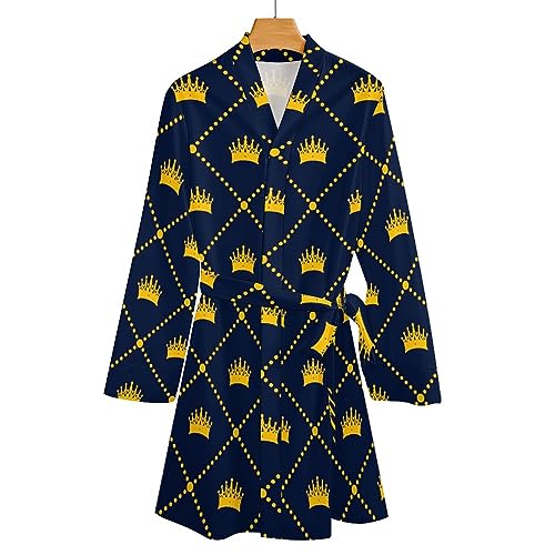Navy Blue Pattern Yellow Crown Bathrobe for Women Soft Lightweight Knee Length Loungewear Spa Bathrobe Long Sleeved Nightgown M - Image 6