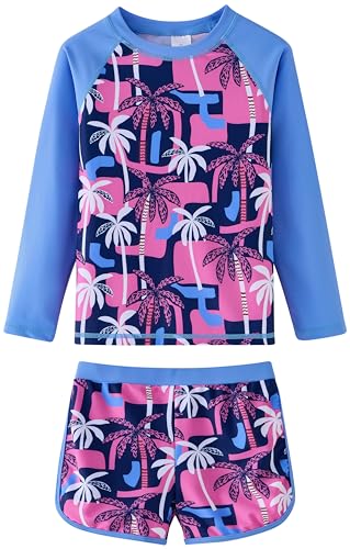 Image of UMELOK Girl Rash Guard Swimsuit 2-Pieces Long Sleeve Bathing Suit 4-12Years