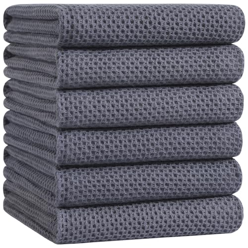 Image of Homaxy 100% Cotton Oversized Waffle Weave Kitchen Dish Towels, Ultra Soft Absorbent Quick Drying Cleaning Towel, 20 x 28 Inches, 6-Pack, Dark Grey