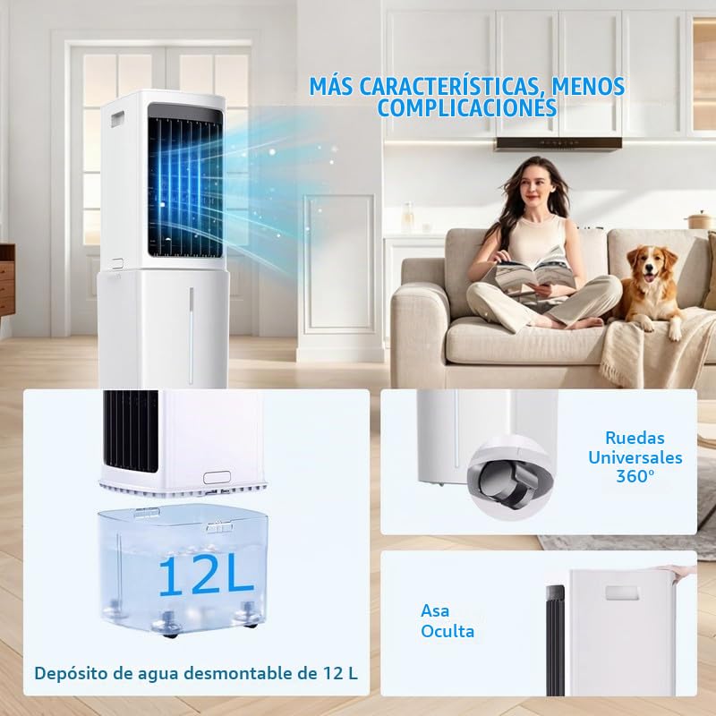 12L Enfriador De Aire PortáTil, 3 Velocidades, Aire Acondicionado PortáTil con Control Remoto, Temporizador De 7,5h, DepóSito De Agua ExtraíBle, Climatizador Evaporativo para Casa Oficina