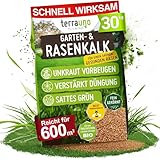 TerraUno Rasenkalk Frühjahr & Herbst, bei Moos und Unkraut im Rasen, verstärkt die Düngung, verbessert pH-Wert & Bodenstruktur, 30 kg für 600 m², extra fein, ideal für Streuwagen, tierfreundlich