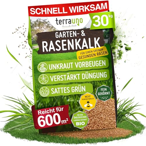 TerraUno Rasenkalk Frühjahr & Herbst, bei Moos und Unkraut im Rasen, verstärkt die Düngung, verbessert pH-Wert & Bodenstruktur, 30 kg für 600 m², extra fein, ideal für Streuwagen, tierfreundlich