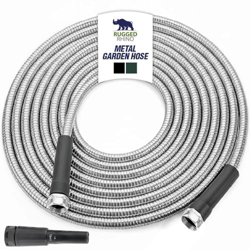 RUGGED RHINO Metal Garden Hose with Spray Nozzle 304 Stainless Steel 750 PSI Burst Strength Heavy Duty Flexible Water Hose Kink Resistant Leakproof for Yard Lawn and Outdoor Use Silver 25FT
