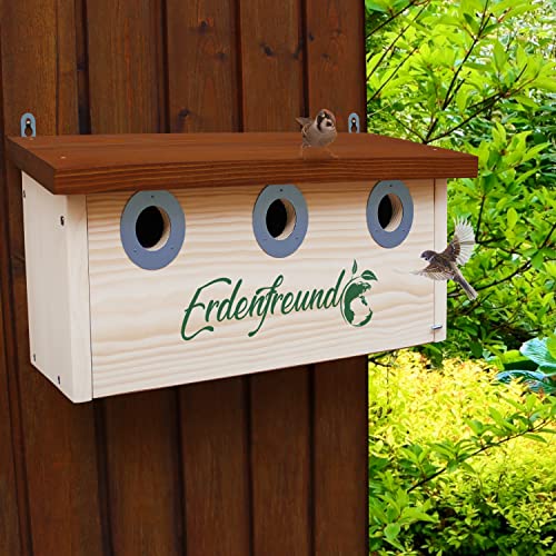 ERDENFREUND® Spatzen Nistkasten Marder-/Katzenschutz räubersicherer Brutkasten für Vögel pickfester Metall-Spechtschutz rostfrei 3er Spatzenhaus 34 mm (Kolonie Nistkasten Sperling 3 Nisträume)