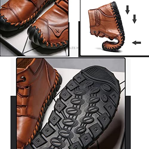 Men's Lace-up Leather Ankle Boots,Casual Handmade Waterproof Chukka Oxfords Hiking Boots Non-Slip Breathable Warm (red/brown-fleece,8,8)2