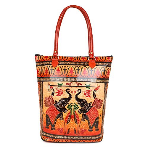 Twin Royal Elephants Design Ethnic Hand Embossed Shantiniketan Leather Indian Shopping Bag2