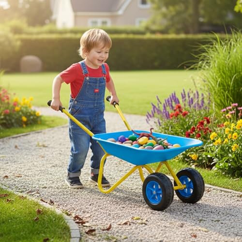 Image of 2 Wheel Children Toddler Wheelbarrow Gift for Kids Gardening Tool Set(blue) | Kids Metal Wheelbarrow Wheel Barrow Wheel Barrel Indoor Outdoor Play Toys All Seasons Digging Weed,Sand,Sweeping Leaves,Snow