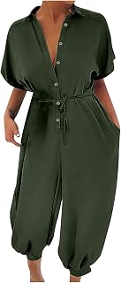 Bravetoshop Womens Short Sleeve Button Down V Neck Jumpsuit Casual Loose Long Pants Rompers with Pockets