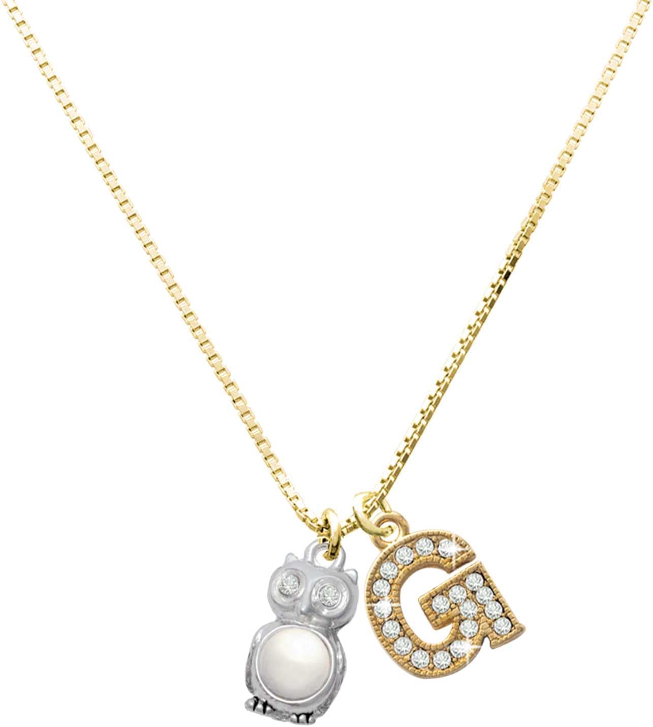 Delight Jewelry Silvertone 3-D Crystal Owl Goldtone Crystal Initial Charm Necklace, 17.5"+2" Initial G White - Image 1 of 4