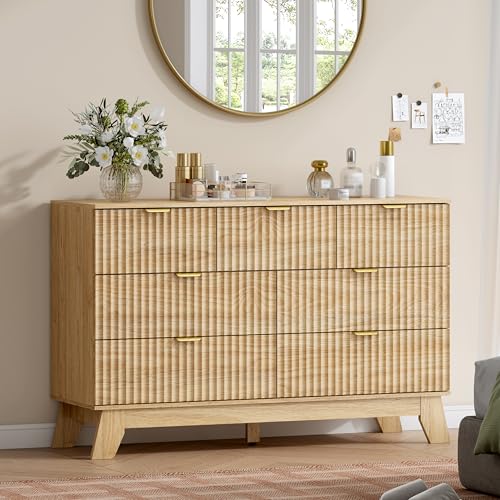 Image of Wodeer 7 Drawer Fluted Dresser for Bedroom, Mid Century Modern Wooden Dresser with 7 Drawers, Dressers & Chests of Drawers with Metal Handle, TV Stand & Storage Organizer for Entryway, Hallway, Oak