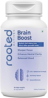 Rooted Brain Boost – 6-in-1 Advanced Nootropic with Brahmi, Lion’s Mane & Ayurvedic Herbs | Supports Focus, Memory, Mental Clarity & Stress Balance | Standardized Extracts | 60 Veg Capsules