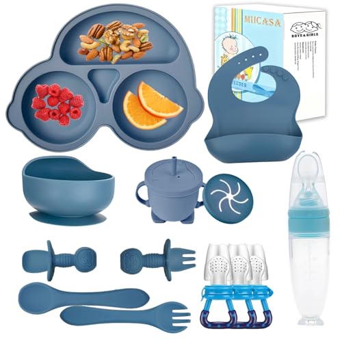 Image of Silicone Baby Feeding Set,Miicasa Baby Led Weaning Supplies Kit With Suction Bowl & Car Plate, Bib, Spoon, Fork, Cup - Food-Grade Silicone, Dishwasher-Safe, No BPAs - For 3+ Months