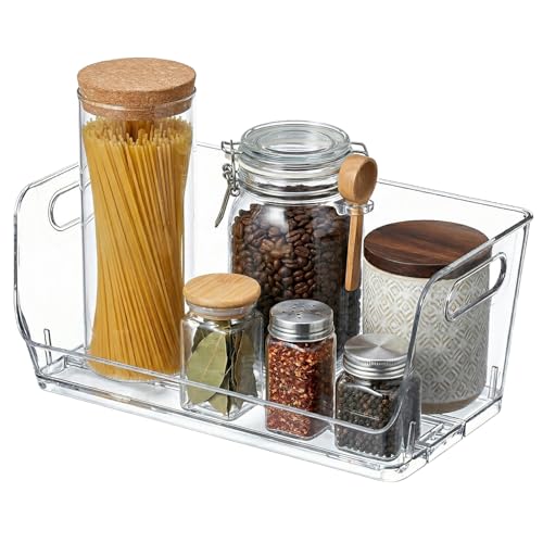 Basicwise 12-Inch Open-Front Clear Storage Bin with Easy-Grip Handle Stackable Transparent Plastic Organizer Container for Pantry Cabinet Refrigerator Drawers Closets and Shelf Organization, Large