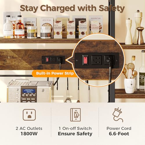 SUPERJARE Large Bakers Rack with Power Outlets, 6-Tier Microwave Stand, Coffee Bar with 12 S-Shaped Hooks, Kitchen Shelf with Wire Basket, 39.3 x 15.5 x 66.9 Inches, Rustic Brown