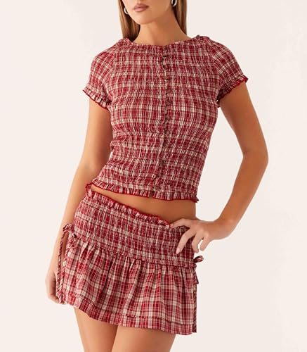 Women Plaid Gingham Mini Skirt Y2k Smocked Shirred Low Waist Skirts Bow Ruffle Short Pleated Skirt Party Streetwear2