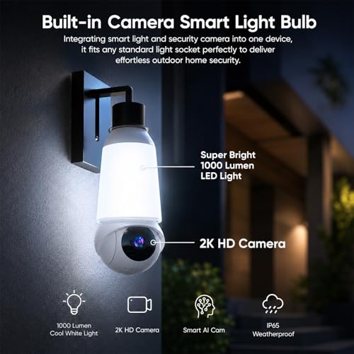 Image of Light Bulb Security Camera, Smart AI Cam 2K HD Outdoor Lightbulb Camera, 5G&2.4G WiFi PTZ Camera, 1000-Lumen LED, Color Night Vision, 911 Emergency Calling, Motion Dection (2Pack)