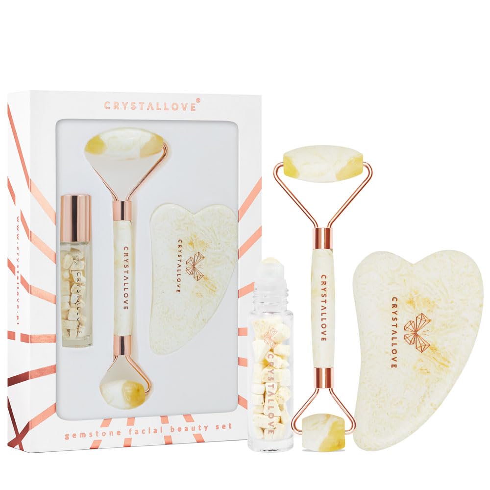 CRYSTALLOVE Milchiger Bernstein Gesichtsroller Set + Gua Sha Stein + Rollon Ölkristalle 10 ml mit Aventurin - Gesichtsmassage Set für Gesicht, Augen - Massagegerät - Massagewerkzeug