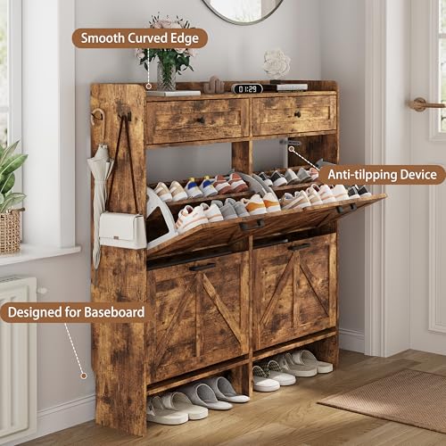 Image of Shoe Cabinet with 4 Flip Drawers & 2 Top Drawers, 43 inch Tall Freestanding Narrow Wooden Shoe Storage Organizer for Entryway, Hidden Slim Shoe Rack for Front Door Entrance, Hallway, Living Room, Brown