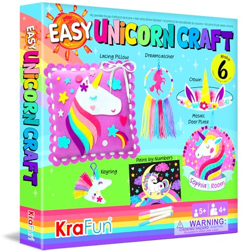 KRAFUN Unicorn Arts & Crafts Kit for Girls Beginner, Includes 6 Creative Activities, No Sew Lacing Pillow, Sew, Coloring, Dreamcatcher, Mosaic Charm, Paper Materials, Instructions & Felt, Kid Gift