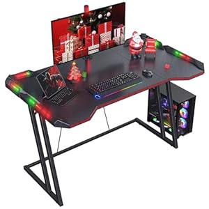 Gaming Tisch mit LED 120 x 60 cm, Gaming Schreibtisch mit Kohlefaseroberfläche, Stabiler Computertisch für Gaming, Kohlefaser Schwarz