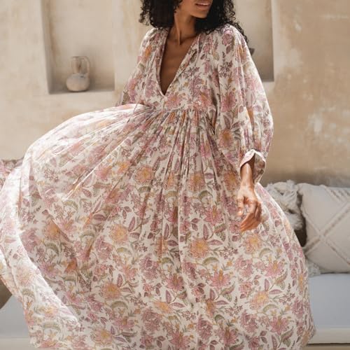 Women Floral Maxi Dress Boho Printed 3/4 Lantern Sleeve V Neck Maternity Dress Beach Loose Sundress Pregnant3