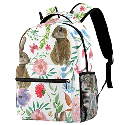 Sac à dos lapins fleurs léger et imperméable avec bretelles ergonomiques rembourrées pour livres