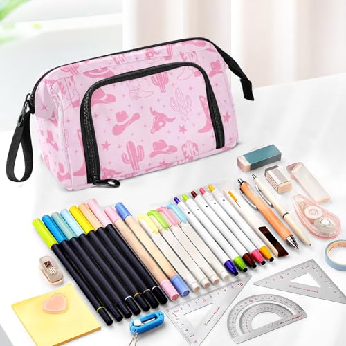 Image of Western Cowboy Pink Pencil Case Pouch Big Capacity Pencil Bag Box Organizer Pen Case Pencil Pouch Aesthetic with Handle for Teen Girls Boy College Women School