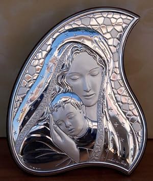 Italian Argento Madonna and Child Full Silver Icon on Tear Drop Wood Stand - Large
