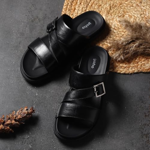 Image of YOHO Leather Sandal for Men | Stylish Slip-On Slides with Cushioned Footbed | Flexible & Durable All-Day Comfort