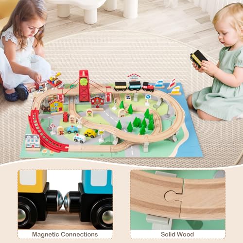Image of Costzon Train Table, 3-in-1 Wooden Activity Table W / 3 Storage Bins, Reversible 94 PCS Track Train Toys & Table Map for Building, Playing, Studying, Eating, Kids Train Set Table for Boys Girls Aged 3+